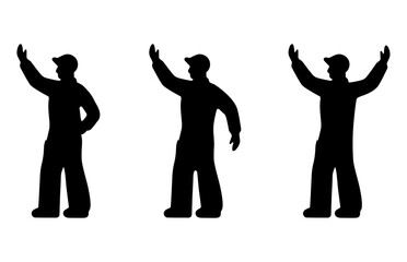 Worker in a helmet at a construction site. Management of a construction crane. Raise, lower. Silhouette. Vector illustration.