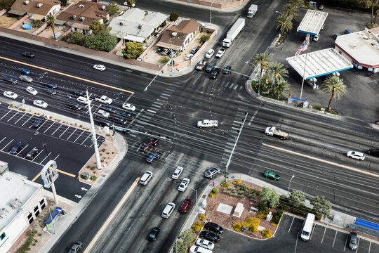 High angle view of cars moving on intersecting roads in city, Las Vegas, Nevada, USA