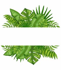 Watercolor border with green tropical leaves, rainforest/jungle palm branches. Hand drawn template. Summer nature frame on white background for design invitations, greeting cards, poster.