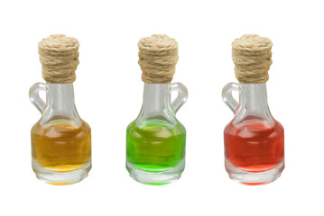 Three bottles with food additives on a white isolated background