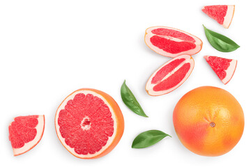 Grapefruit and slices isolated on white background. Top view with copy space for your text. Flat lay. With clipping path