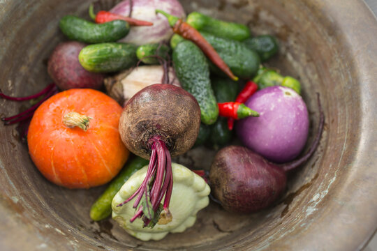 Directly above shot of various vegetables in container on table