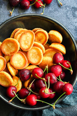 pancakes cereal Mini sweet breakfast snack or dessert Menu concept serving. food background top view copy space for text organic