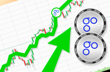 Omisego going up; Omisego OMG cryptocurrency price up; flying rate up success growth price chart (place for text, price)
