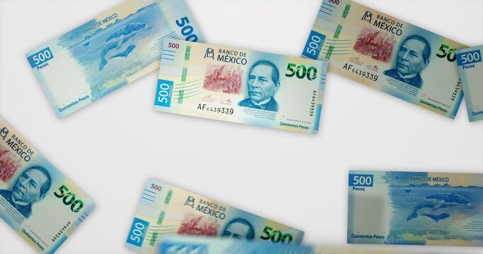 Falling Mexican Bill of 500 pesos on a white background