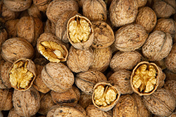Walnuts in their shells in the stock