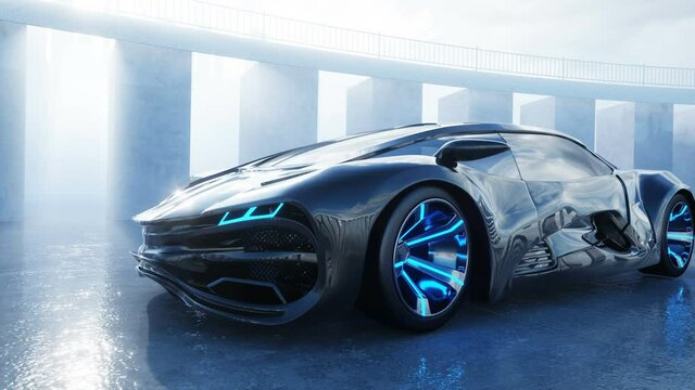 black futuristic electric car on seafront. Urban fog. Concept of future. Realistic 4k animation.