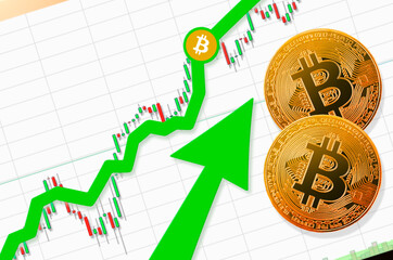 Bitcoin going up; Bitcoin BTC cryptocurrency price up; flying rate up success growth price chart (place for text, price)
