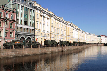 RUSSIA, SAINT PETERSBURG - June 24, 2020 - Military equipment on the Moika river embankment waiting...