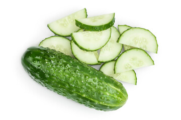 Sliced cucumber isolated on white background with clipping path and full depth of field, Top view. Flat lay