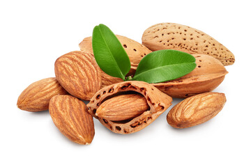 Almonds nuts with leaves isolated on white background with clipping path and full depth of field.