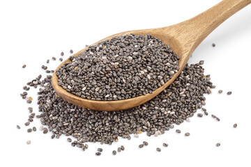 Chia seeds in wooden spoon isolated on white background with clipping path and full depth of field