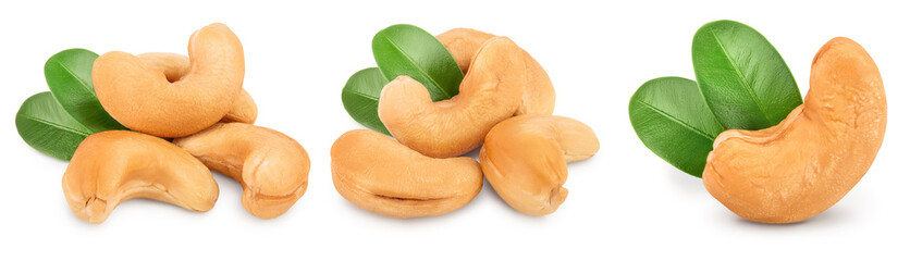 Roasted Cashew nuts with leaf isolated on white background with clipping path and full depth of field. Set or collection