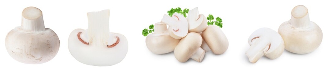 Fresh mushrooms champignon isolated on white background with clipping path and full depth of field. Set or collection