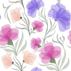 seamless pattern with delicate blue and pink flowers on a white background