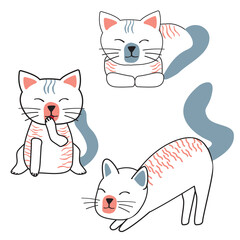 Cute cat at line art set with blue and rose colors