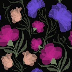 bright flowers seamless pattern of transparent flowers on a black background for printing on fabric