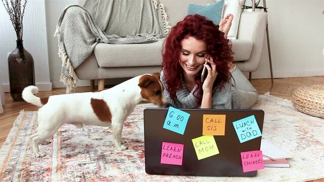Young attractive woman tlking on the phone and playing with her pet. Woman typing on the laptop. Lady and her dog indoor.