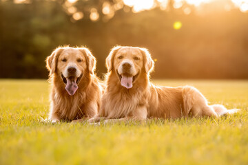 Pair of purebred golden retriever dogs outdoors on grassy field during golden hour at sunset