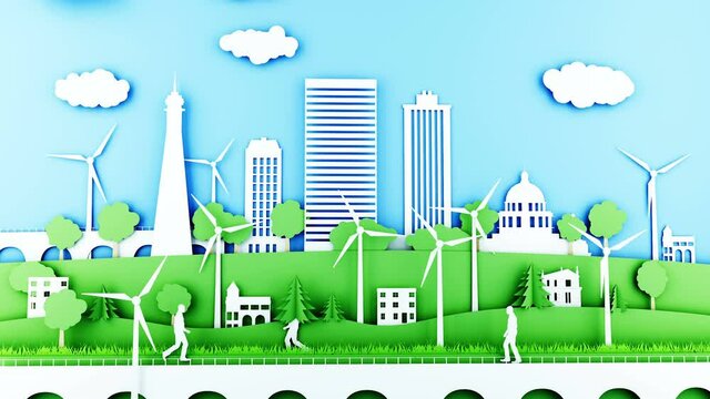 Paper cartoon city with wind power turbines. Ecological concept. Realistic 4k animation.