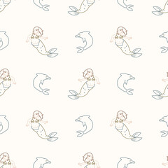 Naklejka na ściany i meble Seamless background mermaid and dolphin gender neutral baby pattern. Simple whimsical minimal earthy color. Kids nursery wallpaper or boho cartoon animal fashion.