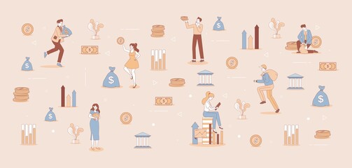 Happy smiling people with golden coins making investments and investing plans. Business analysis, earning and saving money, economic growth, financial success, and stock market concept.