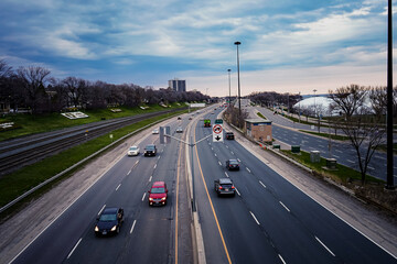 Fototapeta na wymiar Aerial view of que QEW highway in Toronto in Winter