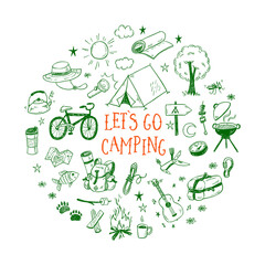 Lets go camping vector illustration with hand drawn camp doodles. Touristic equipment, live on nature concept.