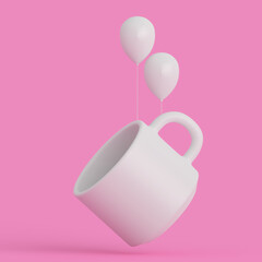 White cup on a pink minimalist background. Сoffee and tea cup with clouds and balloons.