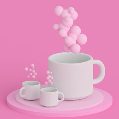 Fototapeta na wymiar White cup on a pink minimalist background. Сoffee and tea cup with clouds and balloons.