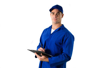 Portrait of a Caucasian male engineer standing writing