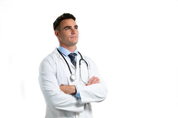 Fototapeta premium Caucasian male doctor on white background