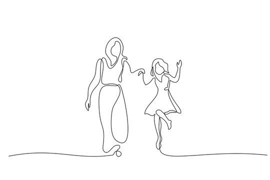 Mother and daughter walking together one line drawing