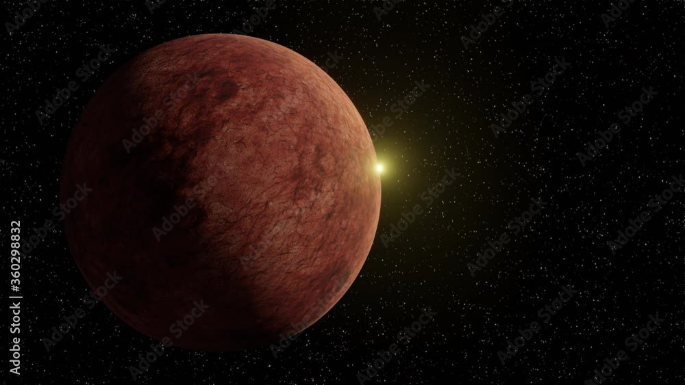 Wall mural sunrise on rotating red mars planet in space. sun appears and flares. stars on background. 3d render