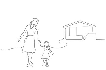 Mother and daughter walking together one line drawing