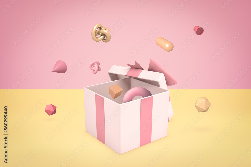 Poster 3d rendering of different geometric objects flying out of white gift box on double-colored pastel pi