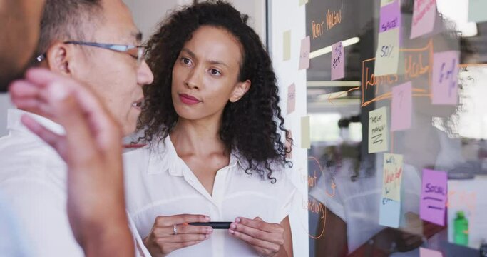 Senior businessman discussing with young business people over memo notes on glassboard