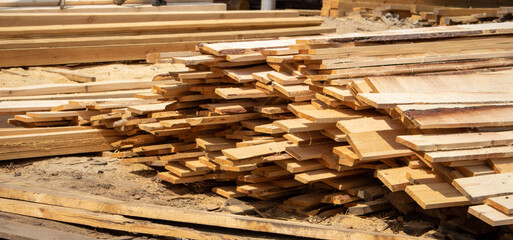 Wooden factory stock, lumber for export lies in the open air