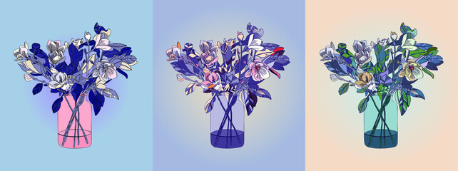 vector color contour sketch of wild flowers in the vase