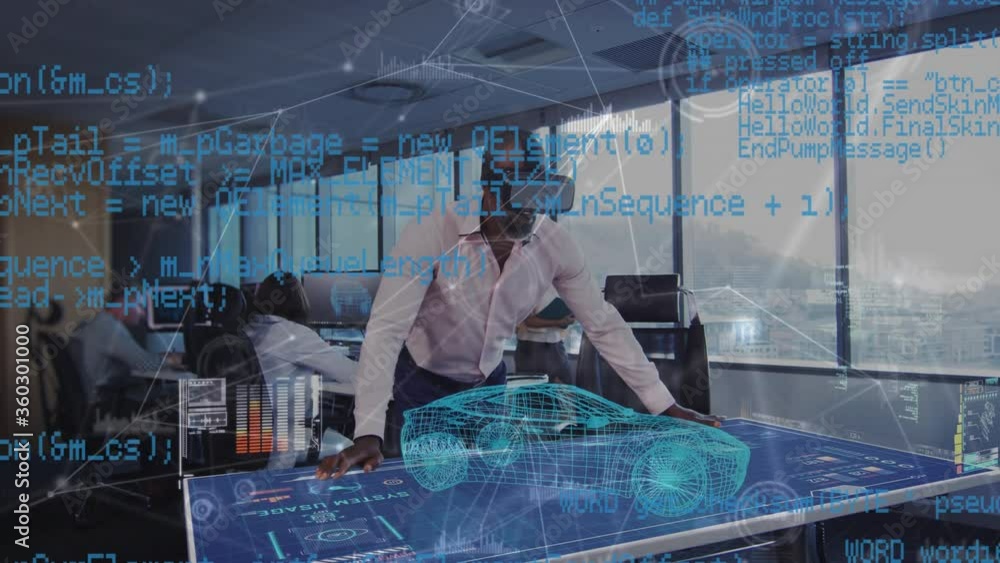 Poster digital composite video of data processing and 3d car drawing against man wearing a virtual reality