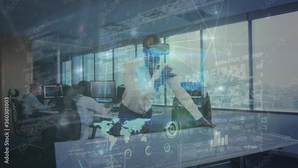 Poster digital composite video of network of connections, data processing with interface icons against man