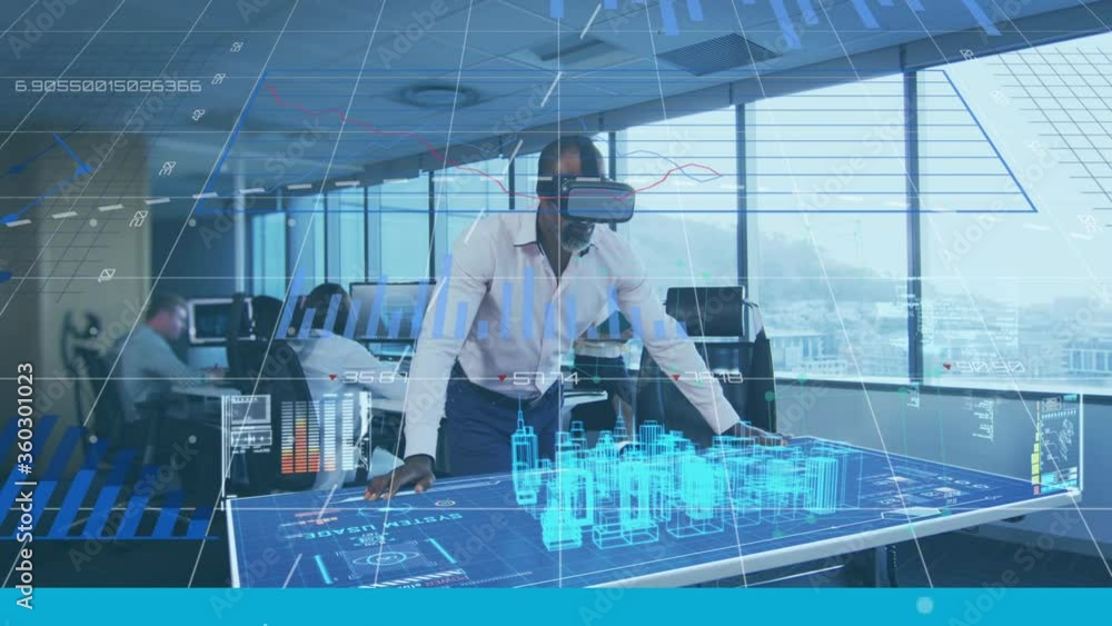 Poster digital composite video of data processing, statistics recording and 3d design with businessman