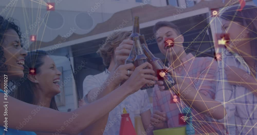 Poster digital composite video of network of connection with interface icons forming a globe against group