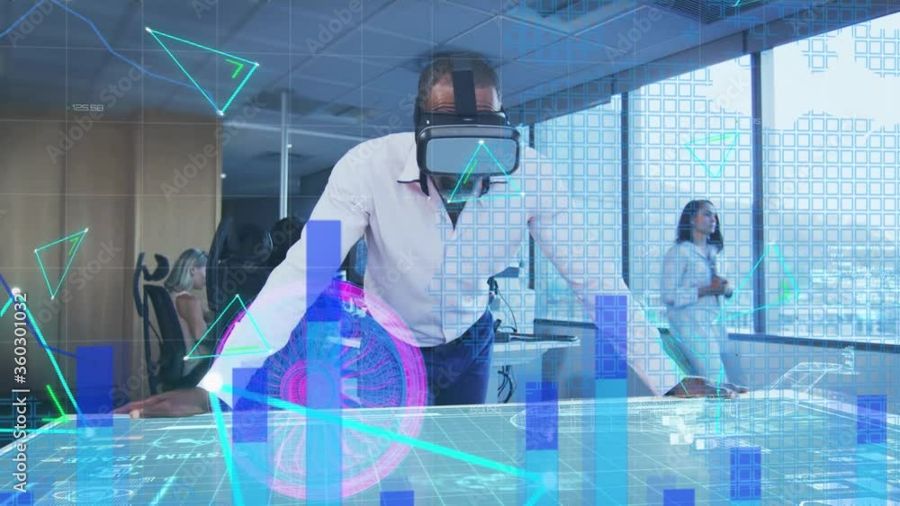 Poster digital composite video of data processing, statistics recording and 3d engine against vr headset ma