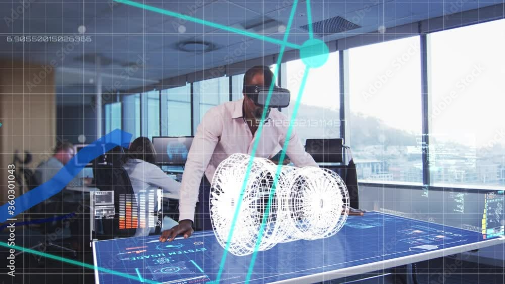 Poster digital composite video of data processing, statistics recording and 3d engine design man wearing vr