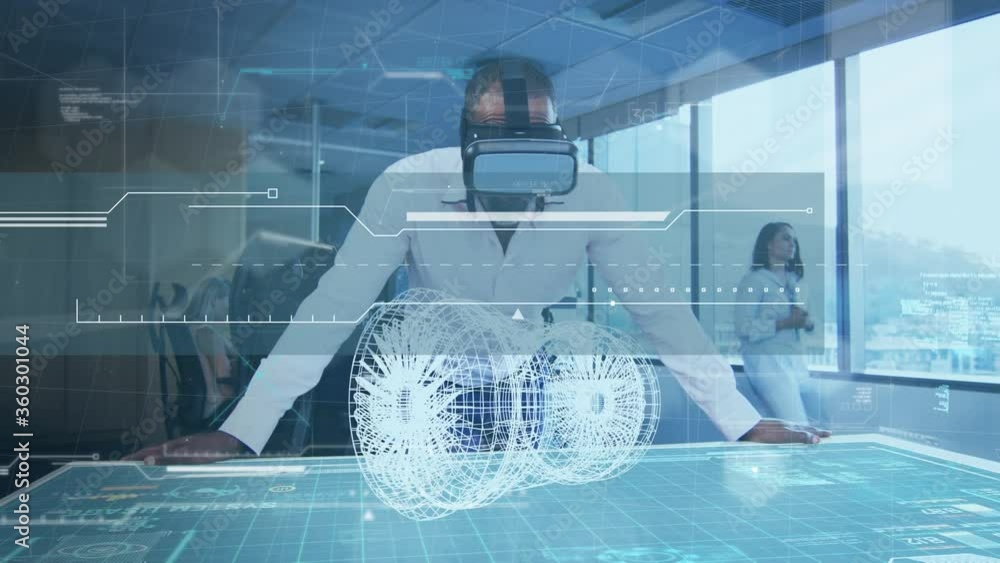 Poster digital composite video of data processing, statistics recording and 3d engine design against vr man