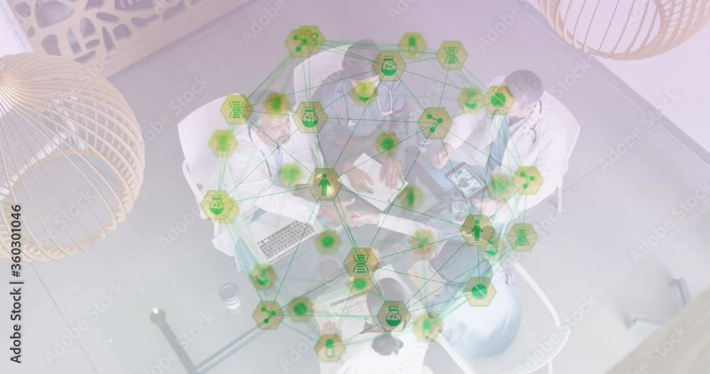 Poster digital composite video of network of connection with interface icons forming a globe against group
