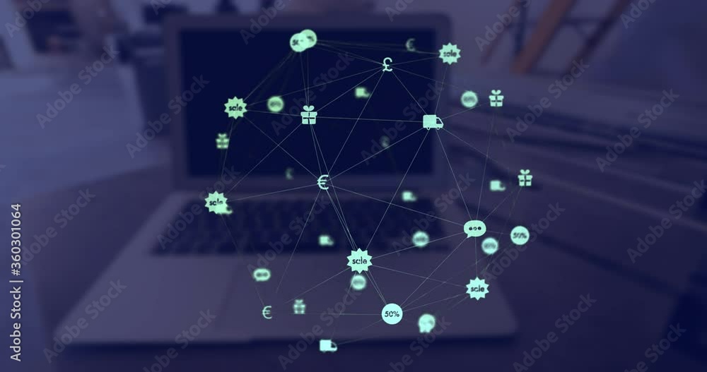 Poster digital composite video of web of connections with icons moving against laptop in background