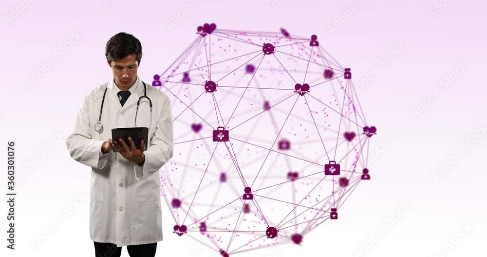 Aufkleber digital composite video of against network of connection with interface medical icons against doctor