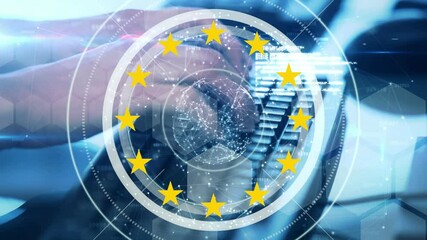 Digital composite video of european union yellow stars and globe rotating against person typing - Powered by Adobe